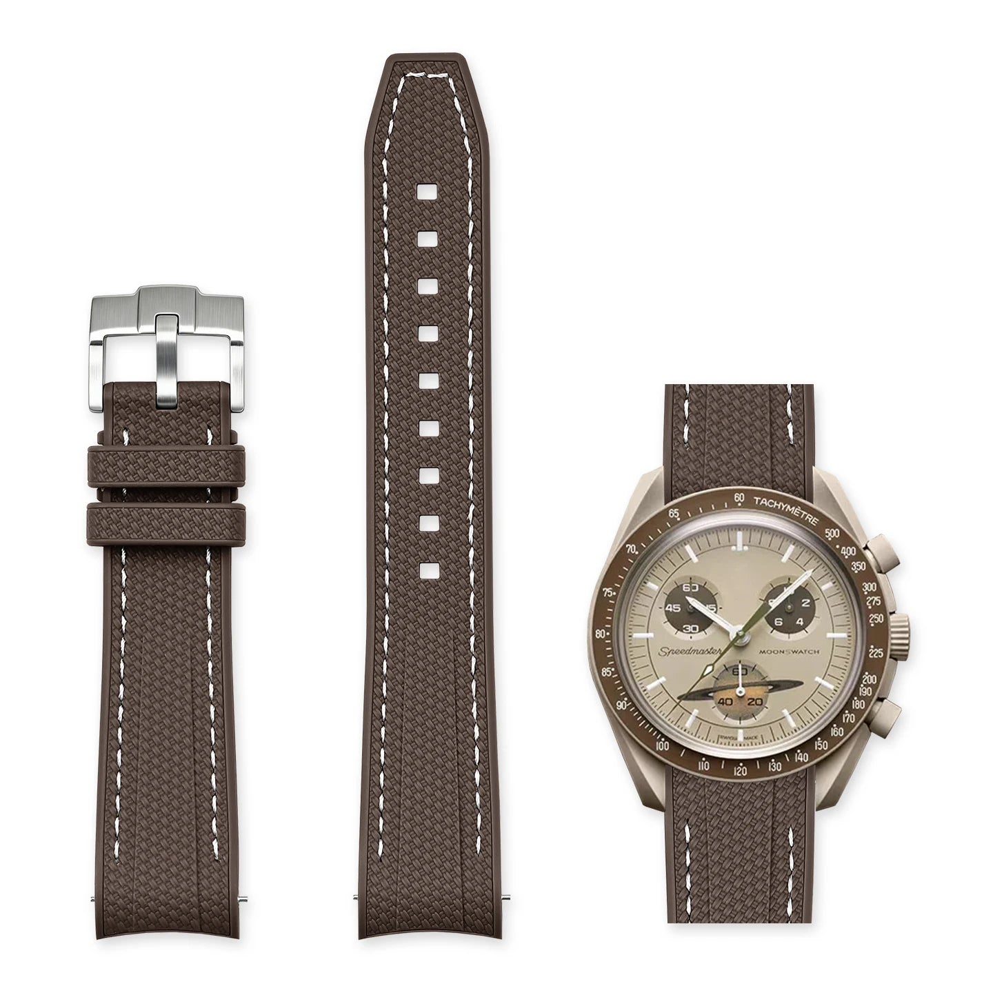 Cinturino in gomma marrone con riga bianca 20mm per Omega x Swatch MoonSwatch con sgancio rapido