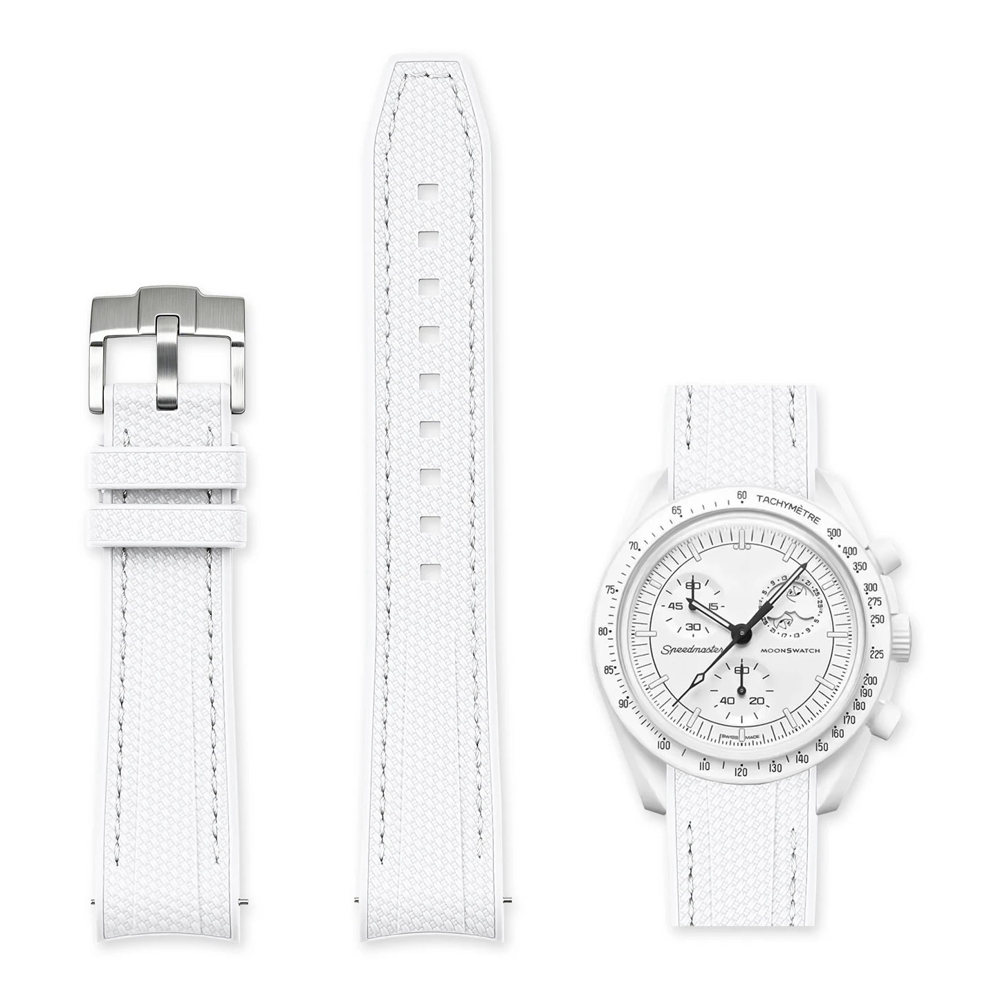 Cinturino in gomma bianco con riga bianca 20mm per Omega x Swatch MoonSwatch con sgancio rapido