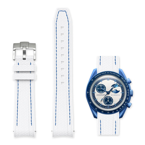 Cinturino in gomma bianco con riga blu 20mm per Omega x Swatch MoonSwatch con sgancio rapido