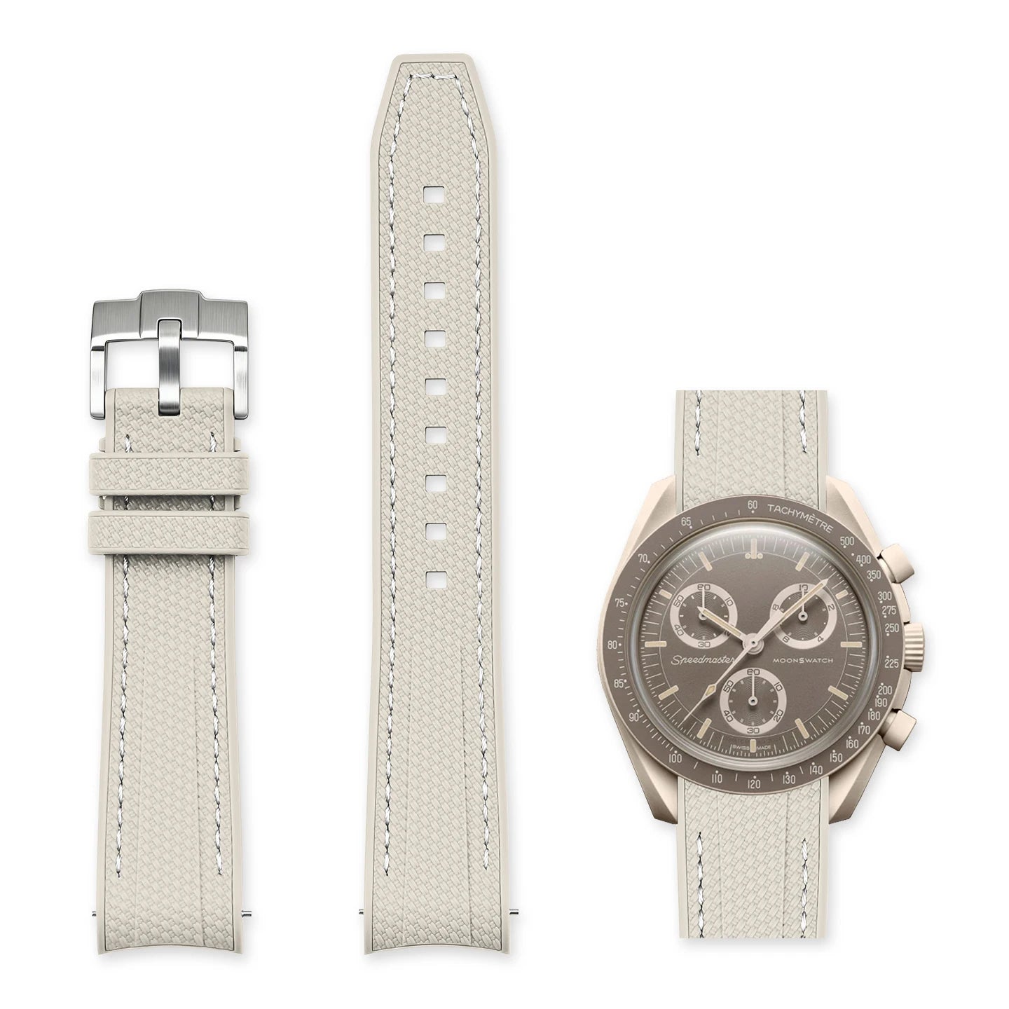 Cinturino in gomma beige con riga bianca 20mm per Omega x Swatch MoonSwatch con sgancio rapido